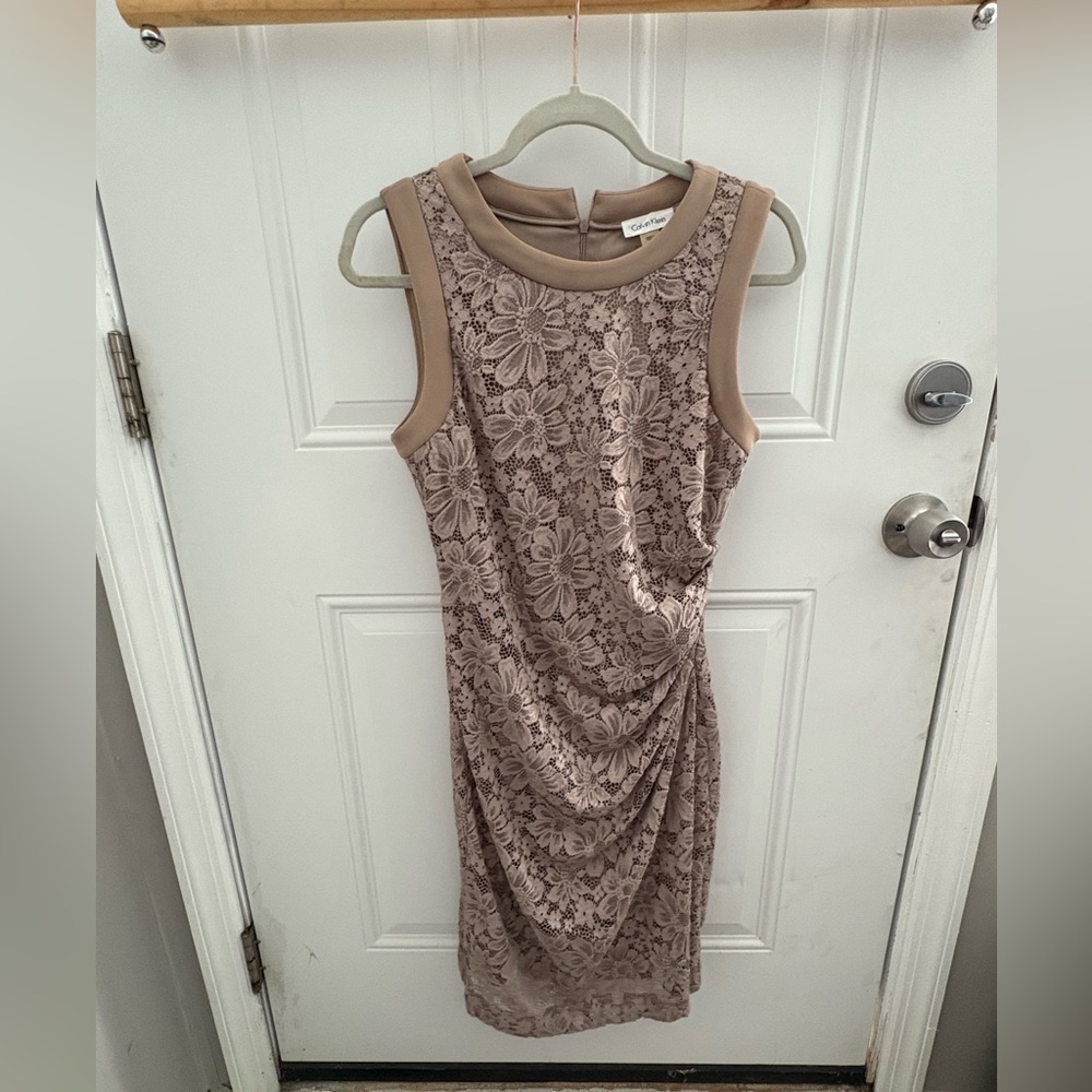 Calvin Klein Floral Lace Midi Dress - Tan
